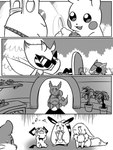 2019 3:4 4_panel_comic ambiguous_gender anthro bag bayani_(yapc) biped black_and_white black_eyes black_nose black_tail blaine_(yapc) bodily_fluids bow_ribbon building celebi celebi_(yapc) cheek_spots claws closed_smile comic crying digital_media_(artwork) door eevee elekid eye_patch eyewear feral finger_claws flavia-elric fluffy fluffy_tail fur generation_1_pokemon generation_2_pokemon generation_3_pokemon group holding_bag holding_eyewear holding_object holding_sunglasses house inside kecleon leaf legendary_pokemon lux_(yapc) maya_(yapc) monochrome mouth_closed neck_tuft neil_(yapc) nintendo open_mouth open_smile outside paris_(yapc) paws pichu pikachu plant pokemon pokemon_(species) pokemon_mystery_dungeon rattata sad sentret shadow shell sitting smile spike_chunsoft standing sunglasses sweat sweatdrop tail tears terry_(yapc) toe_claws tongue tree tuft wartortle white_sclera window