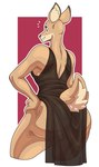 anthro big_butt black_clothing black_dress bottomwear butt clothed clothing deer dress female fluffy fluffy_tail fur furgonomic_bottomwear furgonomics green_eyes hand_on_hip hazel_(slightlysimian) hi_res humanoid_hands mammal no_underwear rear_view scut_tail short_tail slightlysimian smile solo standing tail tan_body tan_fur thick_thighs translucent translucent_clothing translucent_dress