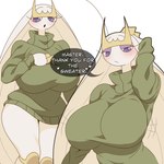 absurd_res anthro arthropod big_breasts breasts clothed clothing curvy_figure female generation_7_pokemon green_clothing green_sweater green_topwear hi_res huge_breasts looking_at_viewer nintendo pheromosa plankzu pokemon pokemon_(species) pseudo_hair purple_eyes solo sweater topwear turtleneck ultra_beast white_body wide_hips