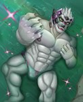 absurd_res anthro canid canine clothing duckaphion enigma_(tas) fur gesture green_sclera hand_gesture hand_on_pecs hi_res lifewonders machine male mammal mask muscular muscular_male nipples open_mouth partially_submerged pecs pink_eyes river robot solo swimwear tokyo_afterschool_summoners water white_body white_fur