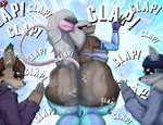 accessory anthro armwear ass_clapping back_boob bangs bent_over big_breasts big_butt big_ears black_nose blep blue_background blue_body blue_clothing blue_fur blue_hoodie blue_topwear bodily_fluids bottomless bottomless_female bra breasts brown_body brown_fur buckteeth butt butt_jiggle butt_worship canid canine canis chest_tuft claws cleavage clothed clothing countershade_butt countershade_ears countershade_face countershade_torso countershading dice elbow_gloves eyewear fangs felid feline female fingerless_gloves fur gesture gloves grey_body grey_fur grey_hair hair hair_accessory hairpin hand_gesture handwear heart_symbol hi_res hoodie huge_breasts huge_butt inner_ear_fluff jiggling kurt_pendleheim leggings legwear long_hair looking_at_viewer looking_back lynx male mammal markings melody_(stylish_apollo) motion_lines mouse mouse_tail murid murine musk neck_tuft pink_eyes pink_nose pink_tail ponytail praying purple_clothing purple_hoodie purple_topwear red_nose rodent simple_background singer skimpy slightly_chubby slightly_chubby_female smile sparkles sparkling_eyes spots spotted_markings story story_in_description stylish_apollo sunglasses sweat sweaty_breasts sweaty_butt tail tail_gesture tail_heart tan_body tan_fur tassels teeth text thigh_highs tongue tongue_out topwear tuft twerking underwear v_sign vance_frazhier wolf