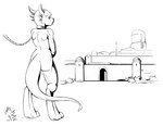 2020 anthro city collar digitigrade empty_eyes female gate hi_res horn inktober kobold leash looking_away metal_collar monochrome nude rear_view rope scalie sketch slave solo tail tower vistamage wall_(structure)