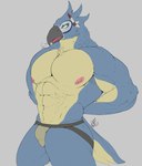 2024 abs aloy27 anthro areola artist_name avian barbell_piercing beak biceps blue_body blue_feathers breath_of_the_wild bulge clothed clothing dated digital_drawing_(artwork) digital_media_(artwork) eyelashes feathers grey_background hi_res jockstrap jockstrap_only kass_(tloz) male multicolored_body multicolored_feathers muscular muscular_anthro muscular_arms muscular_male nintendo nipple_piercing nipples open_mouth pecs piercing rito signature simple_background solo tail tail_feathers the_legend_of_zelda thick_thighs topless two_tone_body two_tone_feathers underwear underwear_only yellow_body yellow_eyes yellow_feathers