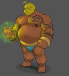 ankama beard belly brown_body brown_skin clothed clothing conditional_dnp digital_media_(artwork) dofus erobos facial_hair fist grass_hair green_hair hair hair_over_eyes hairy_face hi_res humanoid magic magic_user male mammal musclegut muscular muscular_humanoid muscular_male nipples not_furry sadida simple_background solo standing tattoo underwear wakfu