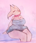 anthro big_breasts black_body black_fur blue_towel breasts cleavage clothed clothing dipstick_ears ear_markings ear_tuft eyelashes eyes_closed felid feline female floppy_ears fur hi_res hot_spring lady_ethereal_(nine_sols) lop_ears mammal multicolored_ears nine_sols partially_submerged pink_background pink_body pink_fur red_candle_games simple_background sitting smile solarian solo thick_thighs towel towel_only trashyy_noway tuft water wide_hips