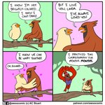 1:1 ac_stuart ambiguous_gender avian awoo_(ac_stuart) base_two_layout bird bold_text branch brown_body brown_feathers brown_tail_feathers cardinal_(bird) clothing comic confession describing_self dialogue english_text eye_contact eyebrows eyes_closed feathers female feral four_frame_grid four_frame_image green_background grid_layout group heart_symbol hearts_around_body hearts_around_head hug i_love_you leotard looking_at_another love_declaration male name_drop name_in_dialogue noob_the_loser northern_cardinal on_branch open_mouth open_smile oscine passerine pink_background red_body red_feathers red_tail_feathers regular_grid_layout romantic_confession simple_background smile sparkles speech_bubble standing talking_to_another text text_emphasis trio two_row_layout url