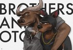 2024 anthro arm_around_another arm_around_shoulders black_body black_claws black_fur black_nose bovid bovine brown_body brown_fur canid canine canis cattle chain_necklace cigar claws domestic_dog duo english_text finger_claws fur half-closed_eyes hi_res horn jewelry ko7j liar's_bar looking_at_viewer male mammal narrowed_eyes necklace pose pupils red_inner_ear scubby_(liar's_bar) simple_background smoke smoking text text_background toar_(liar's_bar) white_background white_horn yellow_eyes