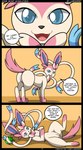 2014 absurd_res accessory anus blue_eyes bow_ribbon butt comic dialogue dirty_talk eating eeveelution english_text fan_character female feral food fur generation_6_pokemon genitals gluttony_(kuroodod) hair_accessory hair_bow hair_ribbon hi_res kuroodod looking_at_viewer looking_back lying mammal nintendo on_back open_mouth oversexed_eeveelutions pink_body pink_fur pokemon pokemon_(species) porn_dialogue presenting pussy ribbons solo speech_bubble standing sylveon tail text white_body white_fur