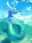 3:4 ambiguous_gender dragonair feral generation_1_pokemon generation_3_pokemon group hi_res menruiplusalpha nintendo outside partially_submerged pokemon pokemon_(species) purple_eyes sea serpentine water wingull