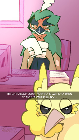 Rating: s
ID: 5613160
Date: 2025-06-01 03:40:25 -0400
Status: active
Score: 80
2025 anthro beak black_sclera britney_(oricorio) caption colored decidueye english_text eyelashes female feral generation_7_pokemon hi_res looking_at_object looking_at_viewer louis_(decidueye) male meme nintendo oricorio paperwork phone_view pokemon pokemon_(species) pom-pom_oricorio rozalid selfie slice_of_life story story_in_description text unimpressed working yellow_body post #5613160