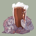 2019 alcohol ambiguous_gender beer beer_glass beverage claws curled_up feral fur hyena mammal mane mlice pawpads paws simple_background solo spotted_hyena