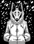 0ct0m0n0 anthro big_ears clothed clothing felid front_view jacket looking_at_viewer male mammal monochrome mouth_closed simple_background solo topwear whiskers