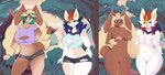 anthro big_breasts blush breast_expansion breasts brown_body brown_fur cinderace clothing dan_(danilokumriolu) danilokumriolu duo expansion female forest fur gender_transformation generation_4_pokemon generation_8_pokemon genitals green_eyes green_hair hair hi_res human_to_anthro lagomorph lopunny mammal mid_transformation mtf_transformation nintendo nude outside plant pokemon pokemon_(species) pussy shrine species_transformation spirit torn_clothing transformation transformation_sequence tree wardrobe_malfunction white_body white_fur