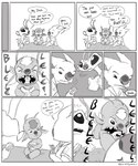 2022 4_ears 5:6 absurd_res alien aloha_shirt angry antennae_(anatomy) attack bottomless clothed clothing comic dialogue disney eating english_text experiment_(lilo_and_stitch) facial_markings fibber food forehead_markings frown greyscale group head_markings head_turn hi_res humor lilo_and_stitch markings minimidimici monochrome multi_ear pattern_clothing pattern_shirt pattern_topwear sandwich_(food) screaming sharp_teeth shirt sitting sketch slushy_(lilo_and_stitch) sparky_(lilo_and_stitch) speech_bubble teeth text topwear trio