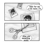 1:1 ambiguous_gender baby_(soysoakedjelly) bangs comic dialogue english_text eyebrows hair human lips mammal monochrome not_furry photo scissors short_hair solo soysoakedjelly speech_bubble text