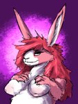 3:4 anthro belly big_belly big_breasts breasts female fingers fur hair hand_on_breast hand_on_own_breast hi_res huge_belly huge_breasts lagomorph leporid lilly_(waismuth) mammal multicolored_body multicolored_fur nipples pink_body pink_fur pink_nipples purple_background rabbit red_hair simple_background solo waismuth