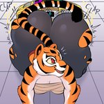 1:1 all_fours anthro ass_clapping big_butt boombox breasts butt butt_expansion butt_jiggle clothed clothing colored digital_media_(artwork) dreamworks expansion felid female front_view fur gold_boombox_(prevence) hi_res huge_butt jiggling kung_fu_panda leggings legwear mammal markings master_tigress medium_breasts motion_lines nericurls on_ground pantherine red_eyes solo striped_markings striped_tail stripes tail tail_markings thick_thighs tiger twerking wide_hips wraps yellow_sclera