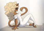 2022 anthro blonde_hair brown_body brown_eyes brown_fur clothed clothing conditional_dnp domestic_cat felid feline felis female fully_clothed fur hair jollyjack mammal off_shoulder simple_background sitting solo stirrups tail toeless_legwear white_background