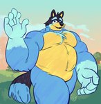 animal_humanoid anthro australian_cattle_dog bandit_heeler belly big_belly blue_body blue_fur bluey_(series) canid canid_humanoid canine canine_humanoid canis cattledog chest_tuft domestic_dog eyebrows fur gesture herding_dog hi_res humanoid jasperthecrab male mammal mammal_humanoid markings musclegut muscular muscular_male outside pastoral_dog solo tail thick_eyebrows tuft walking waving waving_at_viewer yellow_body yellow_fur