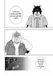 anthro canid canine canis clothed clothing comic dialogue digital_media_(artwork) english_text greyscale hi_res inose_(kumagaya_shin) kumagaya_shin kuro_(kumagaya_shin) male male/male mammal monochrome reversible simple_background suid suina sus_(pig) text wild_boar wolf