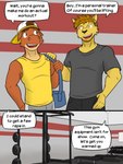 3:4 anthro backwards_baseball_cap backwards_hat baseball_cap beard bovid bovine cattle clothed clothing comic dialogue duo english_text facial_hair felid fully_clothed fuze gym gym_bag hat headgear headwear hi_res lion male mammal pantherine roy_(texnatsu) shirt t-shirt tank_top texnatsu text topwear ty_conrad weights