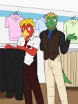 3:4 alligator alligatorid anthro avian bird bottomwear clothed clothing clothing_store crocodilian duo fully_clothed fuze hi_res holding_bottomwear holding_clothing holding_object holding_pants male necktie pants reptile scalie shirt store topwear tyler_(fuze) vest