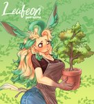 anthro apron blonde_hair blush blush_lines bodily_fluids bottomwear breasts brown_clothing brown_topwear cheek_tuft cleavage clothed clothing denim denim_bottomwear denim_clothing eeveelution facial_tuft female fur generation_4_pokemon green_hair hair hair_bun hi_res holding_object inner_ear_fluff jeans leaf leaf_tail leafeon looking_at_viewer multicolored_body nintendo noruru3737 pants plant plant_pot pokemon pokemon_(species) solo sweat sweatdrop tail topwear tuft two_tone_body yellow_body yellow_fur