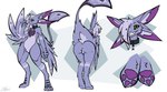 4_ears absurd_res anthro avali bared_teeth blue_body butt collar featureless_crotch front_view grinning_at_viewer hi_res jewelry lodi_(artist) long_tail male markings model_sheet multi_ear necklace nude presenting presenting_hindquarters purple_markings raised_tail rear_view sedrinthestar solo standing star_(marking) star_symbol tail winged_arms wings