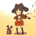 1:1 black_hair bottomwear bow_(stringed_instrument) bowed_string_instrument clothing cosplay dress duo eyes_closed female feral front_view generation_4_pokemon hair hitec holding_musical_instrument holding_object human kricketot mammal music musical_instrument nintendo playing_music playing_violin pokemon pokemon_(species) pokemon_trainer shirt skirt standing string_instrument topwear violin