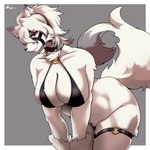 1:1 absurd_res anthro big_breasts breasts canid canine canis clothed clothing crossgender female fur hair harness hi_res mammal mihoyo mtf_crossgender red_eyes simple_background tail taphris von_lycaon white_body white_fur wolf zenless_zone_zero