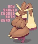 2024 anthro areola arttukorppu big_breasts breasts brown_areola brown_nipples female generation_4_pokemon glowing glowing_eyes hi_res huge_breasts lagomorph looking_at_viewer lopunny mammal nintendo nipples nude pink_eyes pokemon pokemon_(species) sagging_breasts solo text thick_thighs touching_face wide_hips