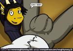 anthro big_bulge black_hair bulge clothed clothing comic dialogue dragon english_text fin hair head_fin horn looking_at_viewer male male/male mythological_creature mythological_scalie mythology naughtymorg scales scalie simple_background stuart_(naughtymorg) text url yellow_body yellow_scales