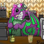 1:1 anthro beverage cashier coffee doordash dragon female gesture green_eyes heart_symbol hi_res horn money mythological_creature mythological_scalie mythology pose purple_body random_dragon_lover roselia_(adtot) scalie solo starbucks tail tail_gesture tail_heart white_horn