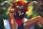 2020 anthro blurred_background canid canine clothed clothing ear_tuft female fennec_fox fox fully_clothed fur hair hyilpi ilpion_(hyilpi) looking_at_viewer mammal orange_body orange_fur red_hair signature solo true_fox tuft white_body white_fur