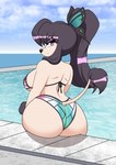 absurd_res alys_faiblesse_(zelripheth) anthro arm_tuft big_breasts big_butt bikini bikini_bottom bikini_top black_eyeshadow black_hair breasts butt canid canine canis clothing domestic_dog eyeshadow female floppy_ears hair hi_res looking_at_viewer makeup mammal ponytail poodle pool poolside purple_eyes rear_view simple_background solo standard_poodle swimwear tail tail_tuft tuft two-piece_swimsuit wide_hips wrist_tuft zelripheth