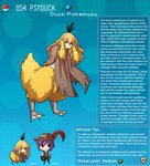 avian bird blonde_hair cloak clothing description duo english_text feathered_hat feathers feet female generation_1_pokemon hair hi_res human humanoid id_number information information_box information_section kinkymation male mammal membrane_(anatomy) nintendo number pokemon pokemon_(species) psyduck purple_hair signature species_description species_name species_sheet tail tail_feathers text text_box toes webbed_feet yellow_body yellow_feathers