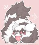 2020 black_body black_fur blush canid feral fur galarian_form galarian_zigzagoon generation_8_pokemon mammal nintendo nukota_1221 pokemon pokemon-specific_day pokemon_(species) regional_form_(pokemon) simple_background solo tongue tongue_out white_body white_fur zigzagoon_day