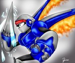 blue_body fire grey_background grey_body machine male melee_weapon mugen multicolored_body polearm robot simple_background spear two_tone_body visor weapon wings zinc_the_aeroknight