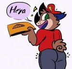 anthro bottomwear bulge butt canid canine canis clothing comic crimson_hound delivery_(commerce) delivery_employee dialogue dizzysauce_nsfw domestic_dog food food_carrier food_delivery green_eyes hat headgear headwear hi_res male mammal pants pizza pizza_delivery pizza_delivery_carrier red_clothing red_shirt red_topwear shirt smile topwear