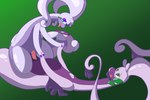 3:2 antennae_(anatomy) clawed_fingers claws digital_media_(artwork) eyeliner female finger_claws generation_6_pokemon goodra green_eyes hand_hold hand_holding heart_eyes heart_symbol horn makeup male male/female nintendo pokemon pokemon_(species) purple_body slime velvet706 velvet_the_gooey_dragon