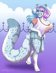 2018 anthro big_breasts blue_body blue_eyes blue_fur blue_hair blue_nose blue_spots breasts clothing eyelashes felid female fur hair hi_res looking_at_viewer mammal multicolored_hair purple_hair shirt solo spots t-shirt tiggybloom topwear two_tone_hair white_body white_clothing white_fur white_shirt white_t-shirt white_topwear