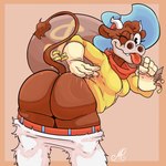 anthro big_butt big_tongue black_eyes blue_clothing blue_hat blue_headwear bottom_heavy bottomwear bottomwear_down bovid bovine breasts brown_body brown_fur butt butt_slap cattle clothed clothing cowboy_hat cuphead_(game) esther_winchester_(cuphead) eyelashes female fur handwear hat head_tuft headgear headwear hi_res holding_object horn huge_butt looking_at_viewer mammal money_bag mooning n0b0dy one_eye_closed pants pants_down partially_clothed pink_background rear_view red_scarf scarf simple_background slap small_breasts solo spanking tail tail_tuft tan_body tan_clothing tan_fur tan_gloves tan_handwear taunting teasing thick_thighs tongue tongue_out topwear tuft white_bottomwear white_clothing white_horn white_pants wide_hips wink winking_at_viewer yellow_clothing yellow_topwear