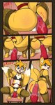 2_tails abdominal_bulge anal anal_masturbation anthro breast_padding canid canine chastity_cage chastity_device clothed clothing comic crossdressing crotchless_clothing crotchless_panties crotchless_underwear femboy fox fur genitals gold_(metal) gold_chastity_cage gold_chastity_device hi_res husdur male mammal masturbation miles_prower multi_tail panties sega solo sonic_the_hedgehog_(series) tail underwear yellow_body yellow_fur