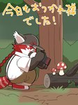 3:4 ailurid anthro blush braided_hair braided_ponytail clothing crouching fungus fur hair hat headgear headwear lifewonders male mammal mushroom photographer ponytail red_body red_fur red_panda rorondo4 solo tokyo_afterschool_summoners young zhurong_(tas)