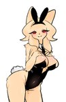 anthro big_breasts black_clothing black_leotard black_necktie blush blush_lines breasts bunny_costume clothing costume cotton_tail eyelashes fake_ears fake_rabbit_ears fake_tail felid feline female fur hand_on_chest heng_(nine_sols) hurai_(artist) leotard looking_at_viewer low_res mammal navel_outline necktie necktie_between_breasts nine_sols red_candle_games red_eyes simple_background smile solarian solo tan_body tan_fur thick_thighs white_background wide_hips