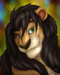 2020 black_mane blurred_background felid feral green_eyes hair hi_res khalia_art kodiak_(kodiak079) lion looking_at_viewer looking_pleasured male mammal mane pantherine portrait pose simple_background smile solo