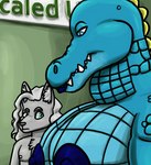 2023 alligatorid anthro azrael_(tertia) azurlligator big_breasts black_nose blue_body blue_eyes blue_lips blue_lipstick blue_nipples blue_scales blush breasts bulging_neck canid canine canis chest_tuft cleavage clothed clothing crocodilian digital_drawing_(artwork) digital_media_(artwork) duo eyebrows eyelashes fangs female fur girl_staring_at_man's_chest green_wall grey_body grey_fur grey_hair hair hair_over_shoulder half-closed_eyes hi_res inner_ear_fluff interspecies large_pecs larger_female lips lipstick looking_at_another looking_at_partner looking_down makeup male male/female mammal multicolored_body multicolored_scales muscular muscular_anthro muscular_female narrowed_eyes nathile_tiduna nipples non-mammal_breasts pecs ponytail pupils reptile scales scalie scutes sign size_difference skywater slit_pupils smaller_male snout teeth topless topless_anthro topless_female topless_male tuft wall_(structure) wavy_hair wolf yellow_scutes