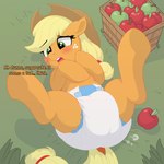 apple applejack_(mlp) basket big_diaper blonde_hair blush clothed clothing container cowboy_hat dialogue diaper diaper_fetish earth_pony embarrassed english_text equid equine female feral food freckles friendship_is_magic fruit grass green_apple green_eyes hair hasbro hat headgear headwear hi_res hooves horse lying mammal my_little_pony nineplusten on_back open_mouth orange_body outside plant pony poofy_diaper red_apple solo spread_legs spreading tail teeth text tongue wearing_diaper wearing_hat white_diaper yellow_tail