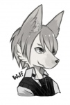 anthro bust_portrait canid canine canis clothed clothing fur greyscale hair inner_ear_fluff konomata male mammal megu-milk monochrome necktie portrait shirt short_hair simple_background smile solo species_name text third-party_edit toony topwear tuft white_background wolf