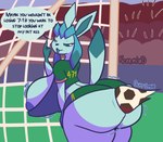 anthro areola areola_slip ball big_breasts big_butt blue_areola brazilian breasts butt cocito_(usernamecrownisalreadytake) eeveelution english_text female generation_4_pokemon glaceon hi_res huge_breasts huge_butt hyper hyper_butt jersey nintendo nokamiwd number_on_jersey pokemon pokemon_(species) simple_background soccer soccer_ball solo sport text thick_thighs wide_hips